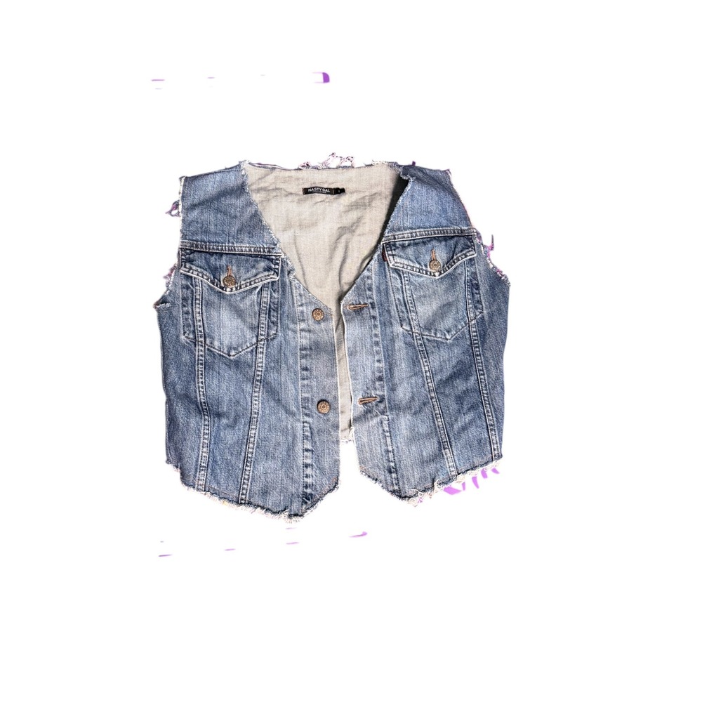 Nasty Gal Collection Blue Denim Cropped Vest Raw Hem Distressed Womens Large